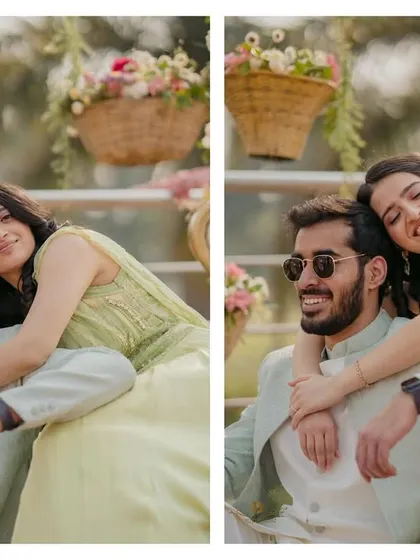 A diptych of the couple sharing a hug. These candid shots are full of genuine affection and happiness, perfectly capturing the mood of their roka.