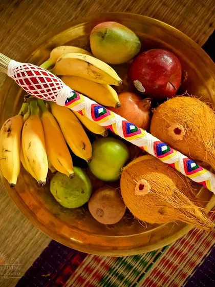 Offerings of fruits and coconuts for the Ram Tarak Homa. These natural offerings symbolize purity and the surrender of our ego to the divine.