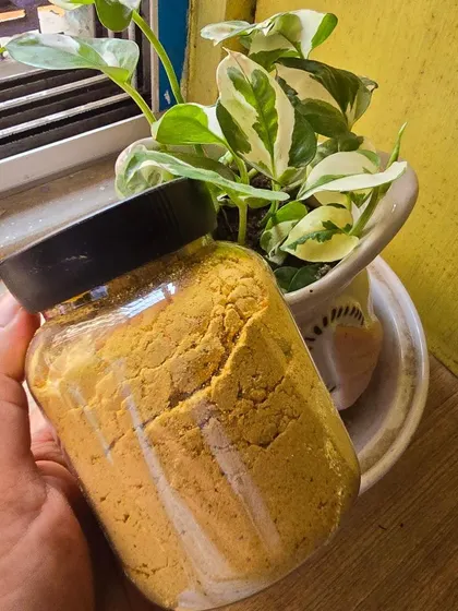 I have re-launched my Nikhar Facewash powder, made with Kasturi Manjil (wild turmeric). Just mix it with water to create a paste for a bright, soft, and clear face.