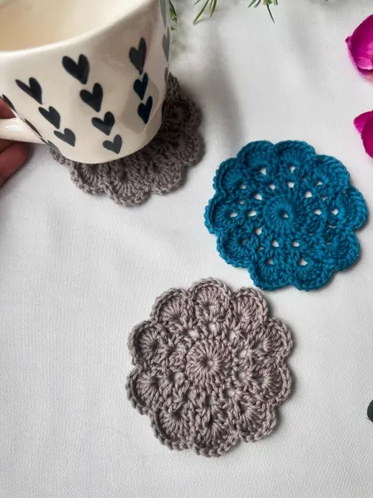 Another view of the teal and taupe coaster set, perfect for your morning coffee. These are durable, washable, and made to be used and loved every day.