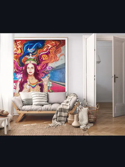 I love seeing my art transform a space. Here, my large-scale painting "Devi" becomes the soul of this room, bringing vibrant color and powerful feminine energy into the home. A custom piece should feel like it truly belongs in your world.