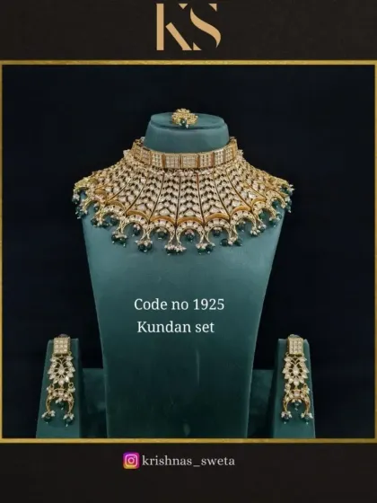 The same exclusive Kundan set, shown here with classic green beads. This highlights how a change in color can transform the feel of the piece.