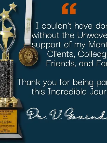 A closer look at the trophy and medal from the conferral ceremony. These symbols represent years of hard work and the trust that my clients have placed in me.