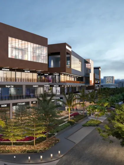 The design of V'lante creates an immersive urban experience by incorporating vibrant social spaces. This exterior view shows how the building is crafted to blend into the city's evolving fabric.