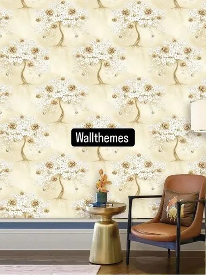A room mockup with a beige wallpaper featuring a repeating pattern of stylized trees with white and gold flowers.