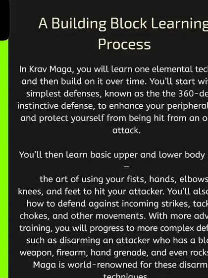 The fourth pillar is the Building Block Learning Process. We start with simple, instinctive defenses and strikes. As you progress, we build upon that foundation to handle more complex threats, including weapon disarms.
