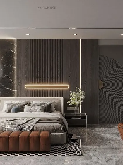 This bedroom design is inspired by natural rock forms. We used a black stone finish for the back wall, complemented by warm wood paneling and soft lighting to create a space that feels both dramatic and grounded.