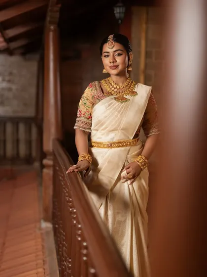A full-length shot that captures the elegance and grace of this traditional look.