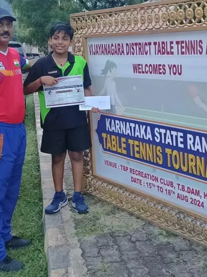 Coach Krunal Telang with one of our young champions at the Karnataka State Ranking Table Tennis Tournament in Hospet.