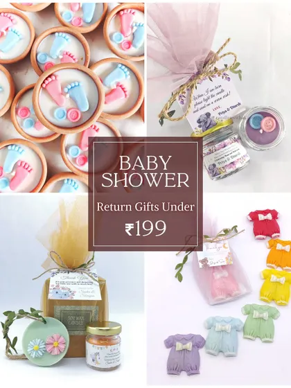 This collage showcases some of my most popular baby shower return gifts, all available for under ₹199. You can see the variety, from clay pot candles to gift boxes.