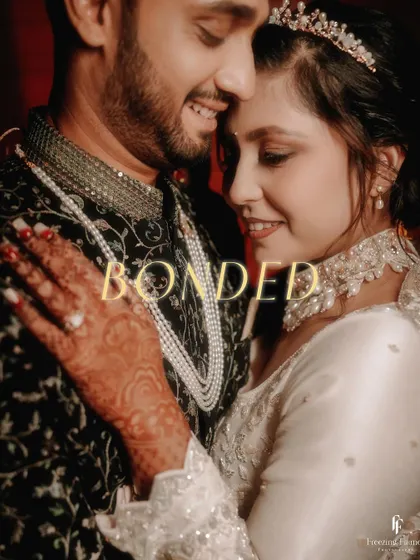 A close-up of the couple, titled "Bonded," capturing their happy smiles and the intricate details of their reception attire.