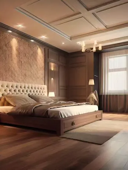 A classic and elegant bedroom with dark wood paneling and a tufted headboard. The coffered ceiling and warm, layered lighting add a touch of traditional luxury.