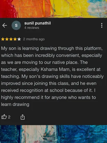 This parent highlights the convenience of our online platform and the noticeable improvement in their son's drawing skills.