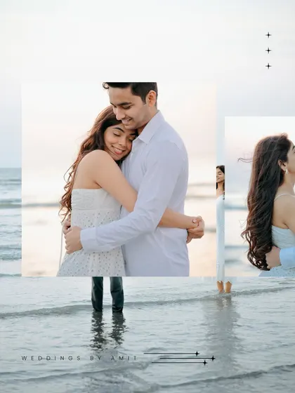 A collage focusing on the tender embraces and quiet moments shared between a couple during their pre-wedding shoot by the sea.