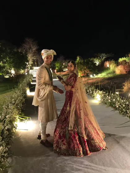 A beautiful portrait of the couple during their destination wedding in Udaipur. We are there to celebrate these quiet, happy moments amidst the grand festivities.