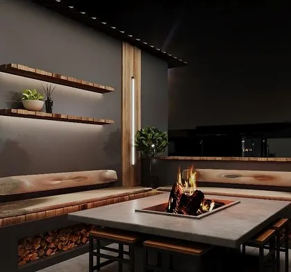 This intimate terrace sunroom features a cozy fire pit table and built-in wooden bench seating. We used backlighting on the shelves and vertical light bars to create a warm, modern, and inviting space for all seasons.
