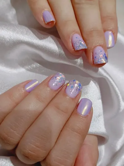 A close-up showing the shimmer on this lavender set.
