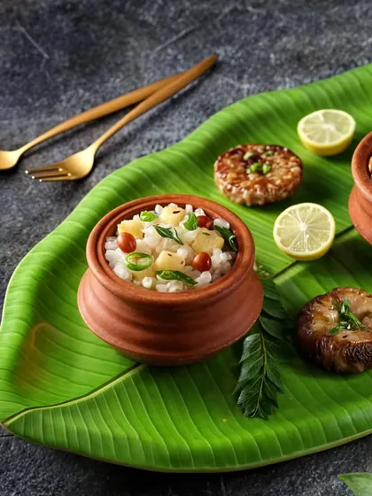 Our Satvik dishes served on a banana leaf platter. This presentation of sabudana khichdi in earthen pots adds a touch of tradition and authenticity to your Navratri meal.