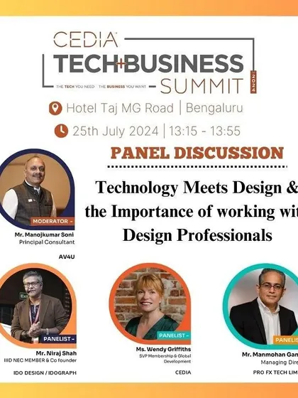 Our Managing Director, Mr. Manmohan Ganesh, participating in a panel discussion at the CEDIA Summit 2024. We believe in collaborating with design professionals to explore how technology and design can innovate together.