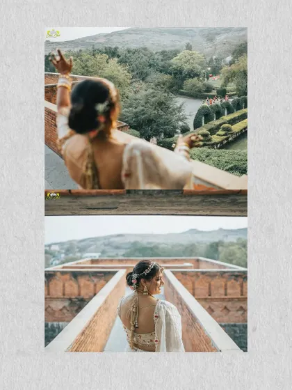 A creative collage showing the bride from different perspectives. It captures her playful side and the beautiful scenery of the venue, creating a dynamic set of portraits.
