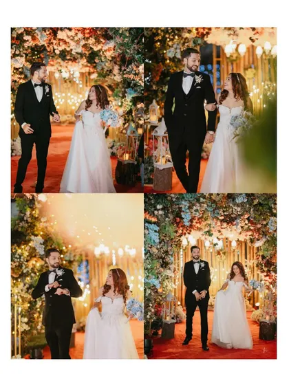 A series of portraits of the couple under a beautiful floral arch. These shots capture their playful and romantic interactions in a stunning setting.