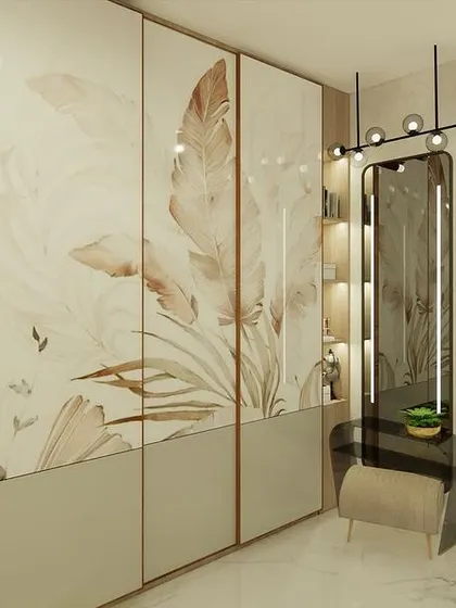 An identical shot of the beautifully designed wardrobe and dressing unit.