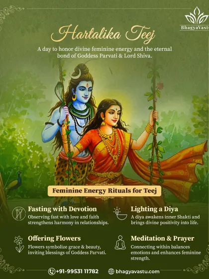Feminine energy rituals for Hartalika Teej. This festival honors the divine feminine energy and the bond between Lord Shiva and Goddess Parvati. This graphic outlines simple rituals like fasting, lighting a diya, and meditation to connect with your inner Shakti.