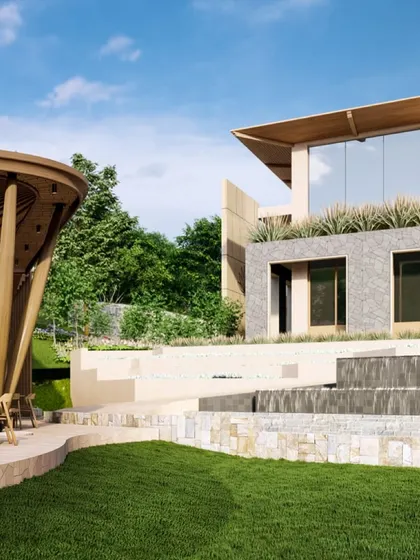 A render of a riverside resort in Dehradun, showing how the architecture is terraced into the landscape. The design uses natural stone and green roofs to blend with the surroundings, while a cascading water feature adds to the tranquility.