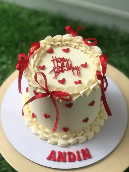 Another angle of the red and white heart-themed vintage cake.