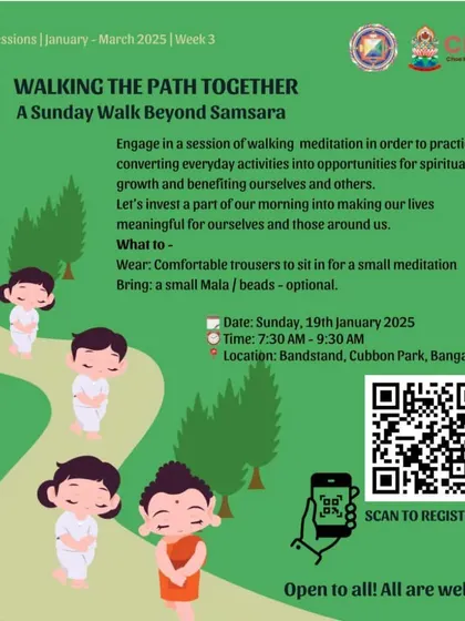 "Walking the Path Together," a Sunday walking meditation at Cubbon Park. This session is an opportunity to convert an everyday activity into a practice for spiritual growth and benefiting others.