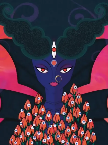 The fierce half of the portrait, depicting Goddess Kali with a darker color palette and intense eyes.
