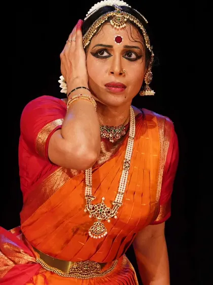 A close-up of Ambili Krishnan, capturing the intensity and emotion of her abhinaya.