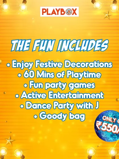 This graphic lists all the fun included in our New Year's party package, from playtime to a dance party with J.