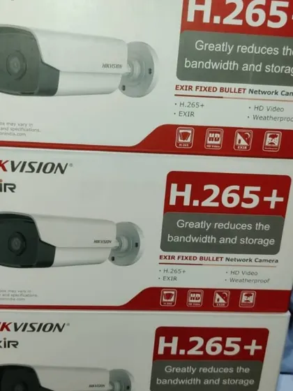 Stacks of Hikvision EXIR fixed bullet network cameras. The H.265+ compression saves storage space without sacrificing video quality.