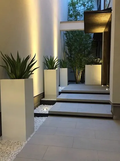 For a more formal and modern look, I use sleek designer planters. These tall, white FRP planters create a sophisticated and welcoming entrance, proving that green decor can be both natural and incredibly chic.