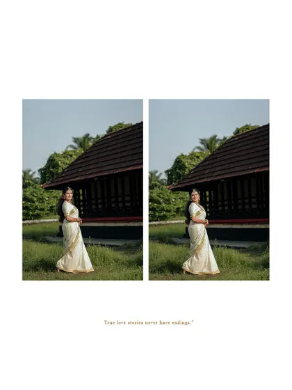 A diptych of the bride's full-length portraits in a traditional setting.