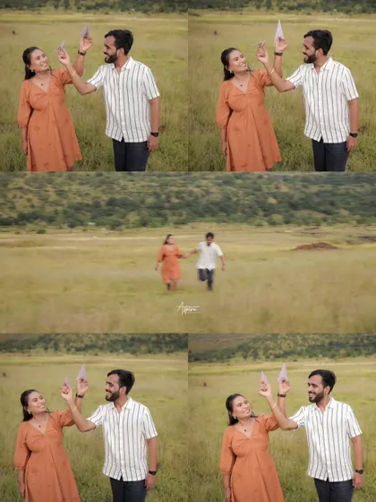 A multi-panel image showing Prem and Jinal's playful interaction with paper planes. This collage tells a story of fun and adventure, capturing their carefree spirit in a beautiful natural setting.