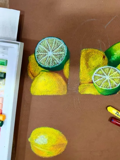 A progress photo of the lemon still life. You can see how I built up the colors and shapes, starting with the basic forms and gradually adding highlights and shadows.