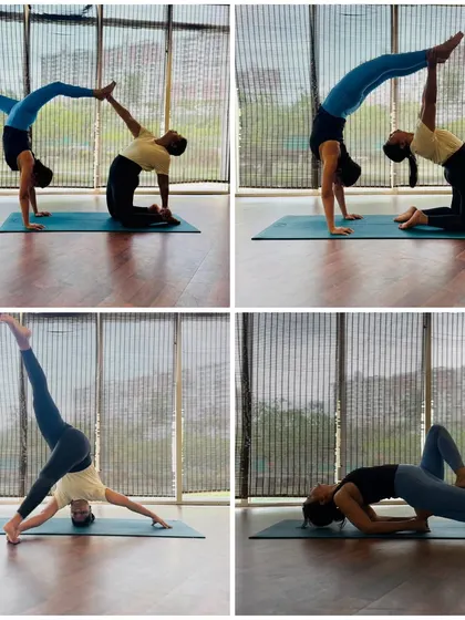 More beautiful shapes from my students, including partner poses, headstands, and deep backbends. Their dedication is inspiring.