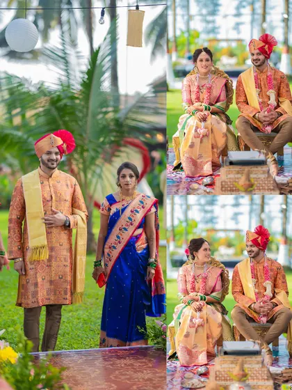 A collage showing the bride's mother welcoming the groom and the couple seated at the mandap during their Maharashtrian wedding ceremony.