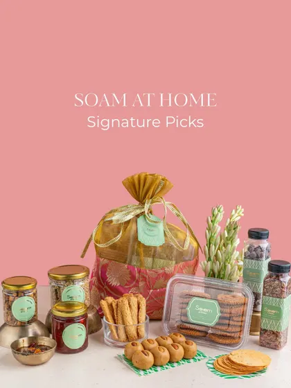 The best of Soam, curated just for you. My Signature Picks Hamper brings together handpicked favourites, full of flavour, rooted in tradition, and wrapped in a beautiful brocade potli.