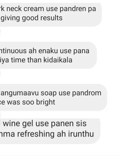 It's lovely to hear feedback on a whole routine. This customer enjoyed the good results from the Dark Neck Cream, the bright look from the Nalangu Maavu Soap, and the refreshing feel of the Red Wine Gel.