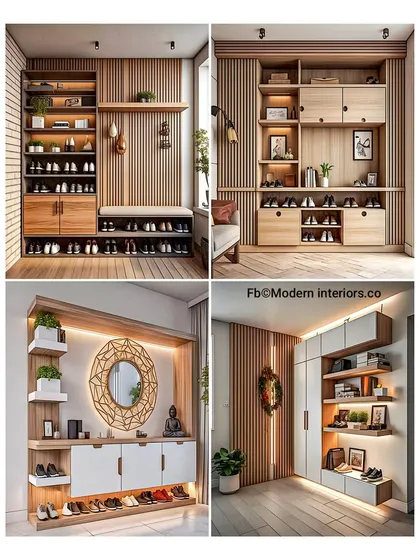 More beautiful shoe rack designs for a tasteful home. This set includes options with decorative mirrors and varied shelving to make your entryway both practical and pretty.