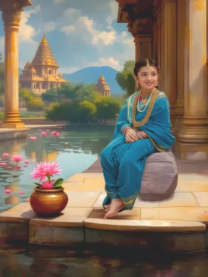 Another artistic portrait from the same series, with the girl sitting by the water in a serene, temple-inspired setting.