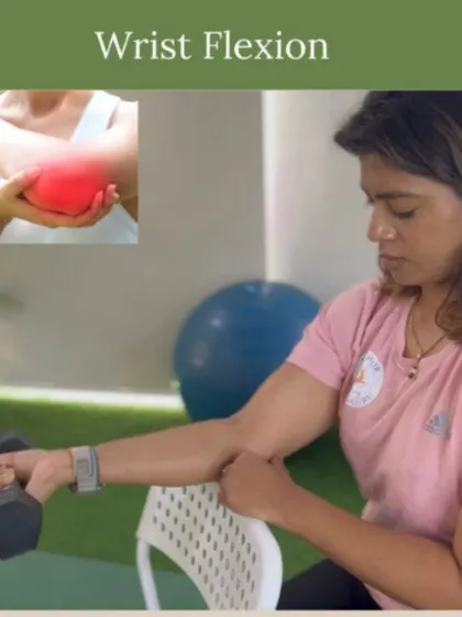 Here we demonstrate a wrist flexion exercise. This movement, along with others in the series, helps to strengthen the muscles around the wrist and elbow to prevent and relieve pain.