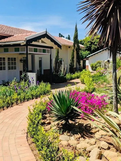 The mix of spiky agaves, soft hedges, and colorful bougainvillea creates a rich tapestry of textures and colors.
