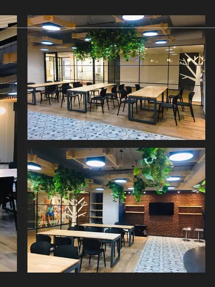 A collage showcasing the collaborative zones within the Crocs office. These areas feature long tables, suspended greenery, and patterned floors, designed to encourage interaction and teamwork in a relaxed setting.