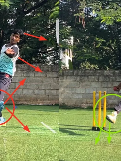 This angle shows the off spinner's transformation from an under-cut release to a strong, aligned finish. Correcting the opened front foot was key to this improvement.