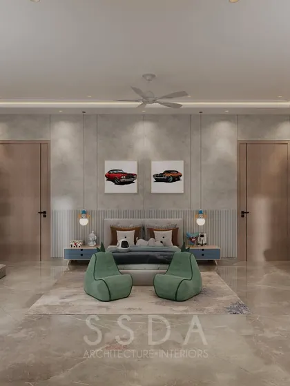 A front view of the kids' bedroom, showing the symmetrical placement of doors and the playful car artwork above the bed. Green beanbags add a fun pop of color to the neutral space.