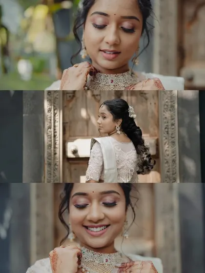 A collage of the bride's getting-ready moments, capturing her smiles and the details of her jewelry and hairstyle.